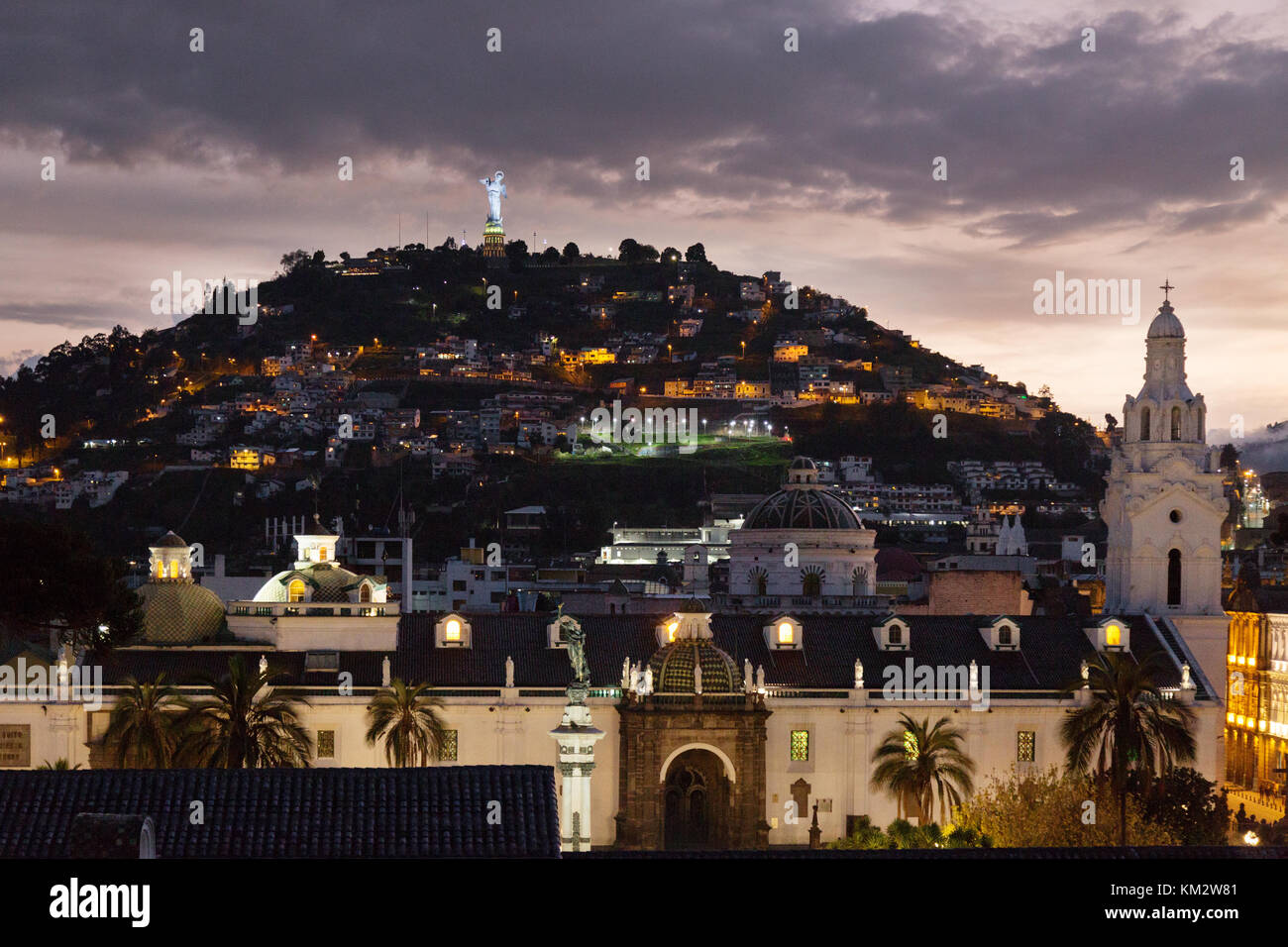 Quito Ecuador - dusk over Panecillo Hill ( El Panecillo ), and the Virgin of Quito, Quito, Ecuador South America Stock Photo