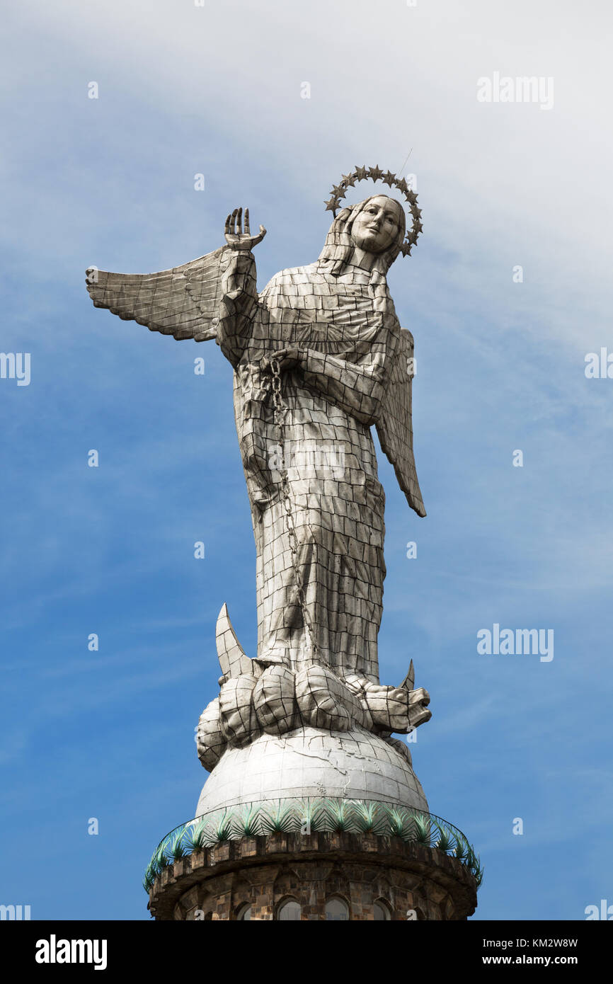 Virgin of Quito statue, the most prominent landmark in Quito, by  Agustín de la Herrán Matorras , made in 1976, now on Panecillo Hill, Quito, Ecuador Stock Photo