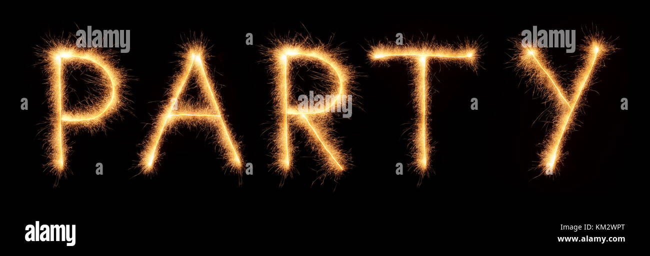 PARTY lettering drawn with bengali sparkles isolated on black background Stock Photo