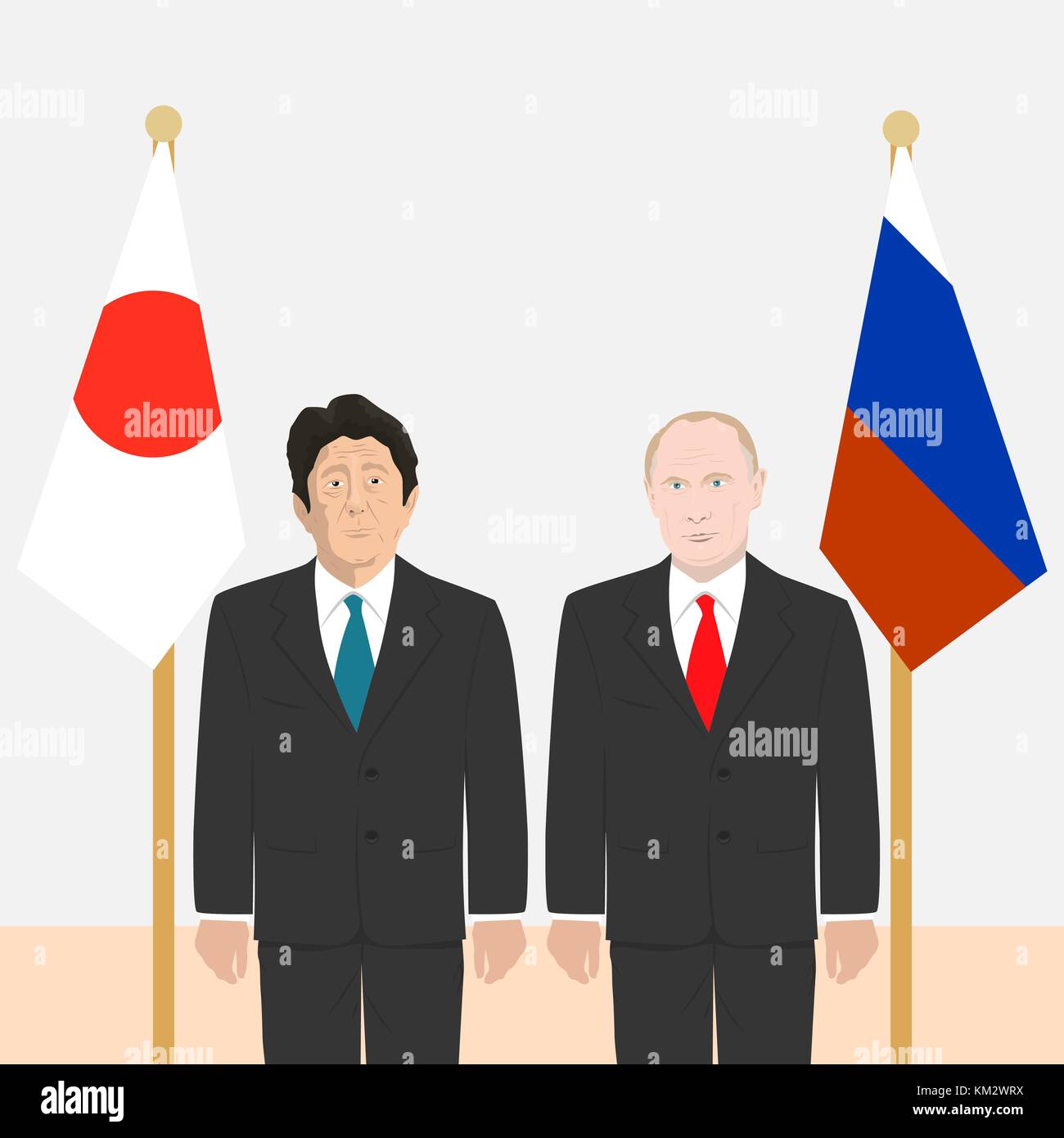 03.12.2017 Editorial illustration of the Prime Minister of Japan Shinzo Abe and the Russian Federation President Vladimir Putin on flags background. Stock Vector