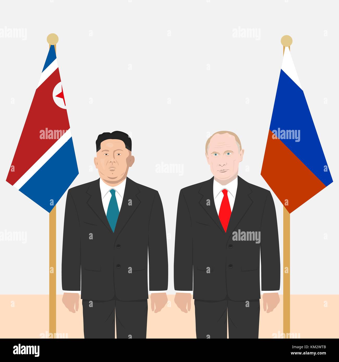 03.12.2017 Editorial illustration of the Russian Federation President Vladimir Putin and the supreme leader of the North Korea Kim Jong-un on flags ba Stock Vector