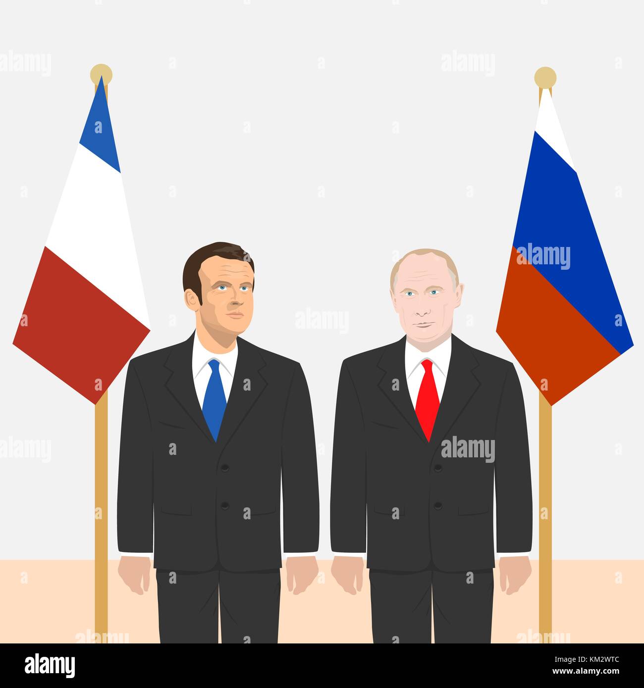 03.12.2017 Editorial illustration of the President of France Emmanuel Macron and the Russian Federation President Vladimir Putin on flags background. Stock Vector