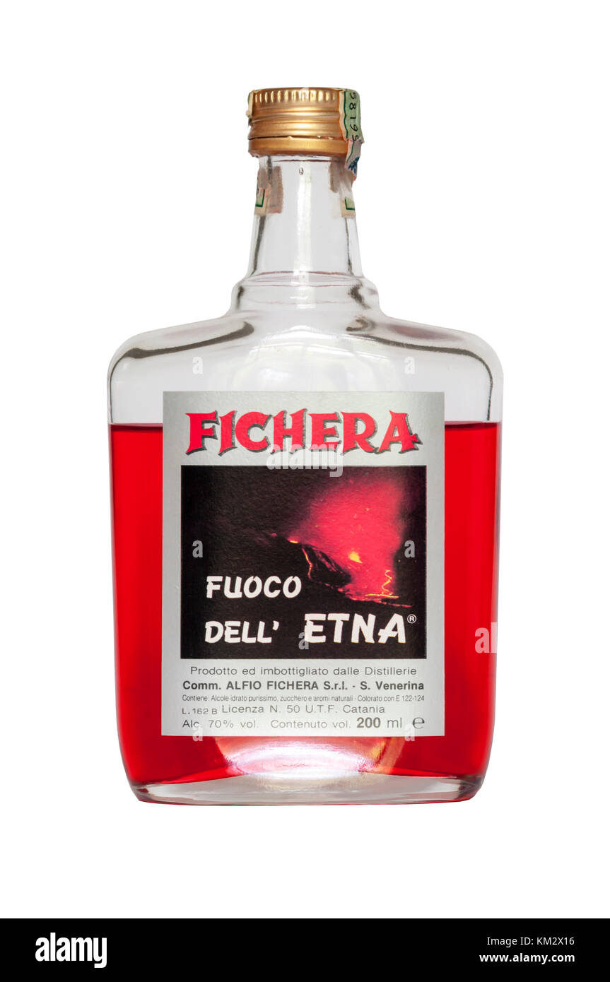 Fuoco dell' Etna or Fire of Etna is a strong red liqueur made by the Fichera liqueur Distillery on Sicily.  It has a strength of 70% ABV. Stock Photo