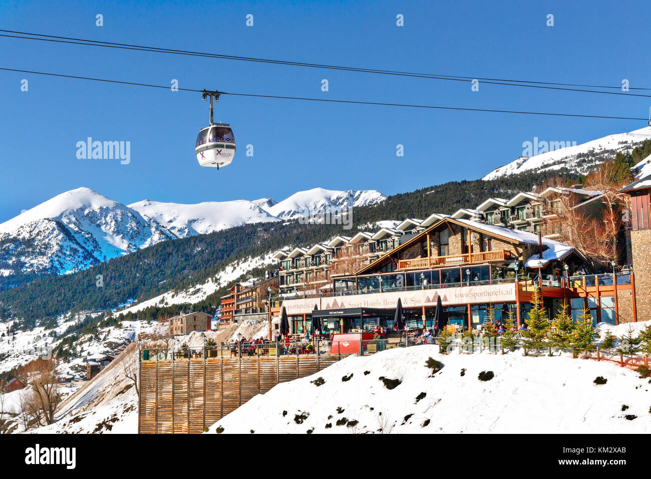 SOLDEU, ANDORRA - FEBRUARY 9, 2017: View of hotel in mountains in ski  resort. An elevator cabin against the background of a terrace of hotel and  snow Stock Photo - Alamy