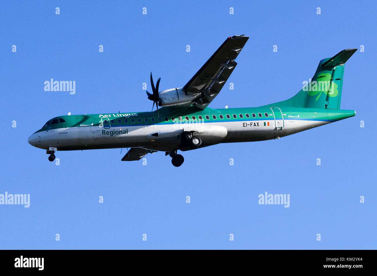 ATR 72 operated by Stobart Air on behalf of Aer Lingus Regional, Birmingham Airport, UK. ATR 72-600 EI-FAX St. Finian is seen on approach for landing. Stock Photo