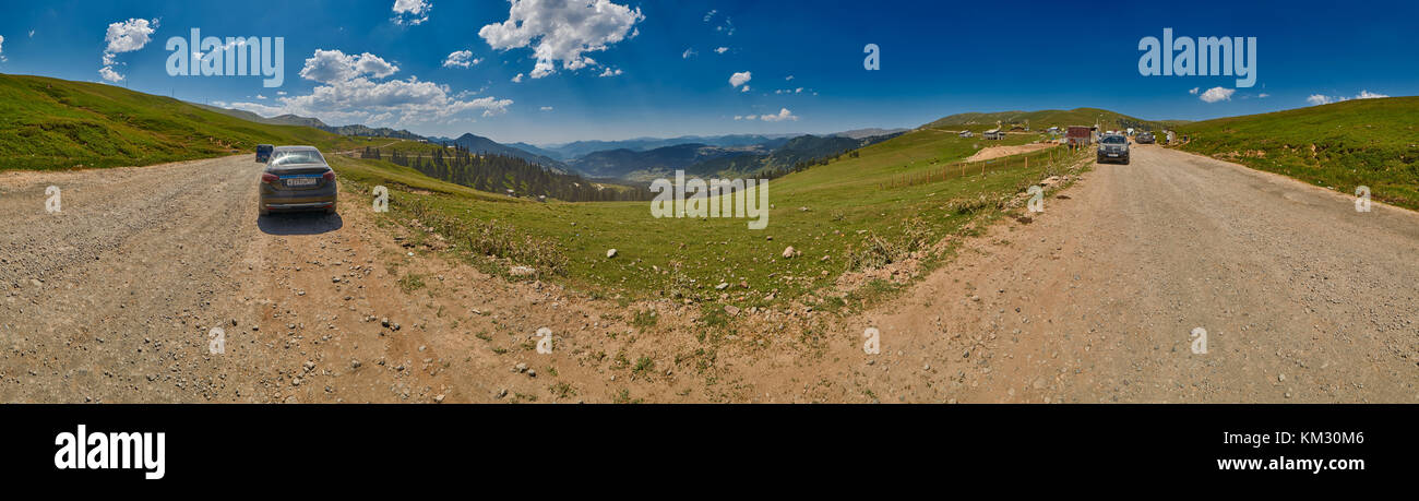 ADJARA, GEORGIA - 08 AUGUST 2017: High-Resolution Panorama of Batum-Akhaltsikhe unpaved mountain road Stock Photo