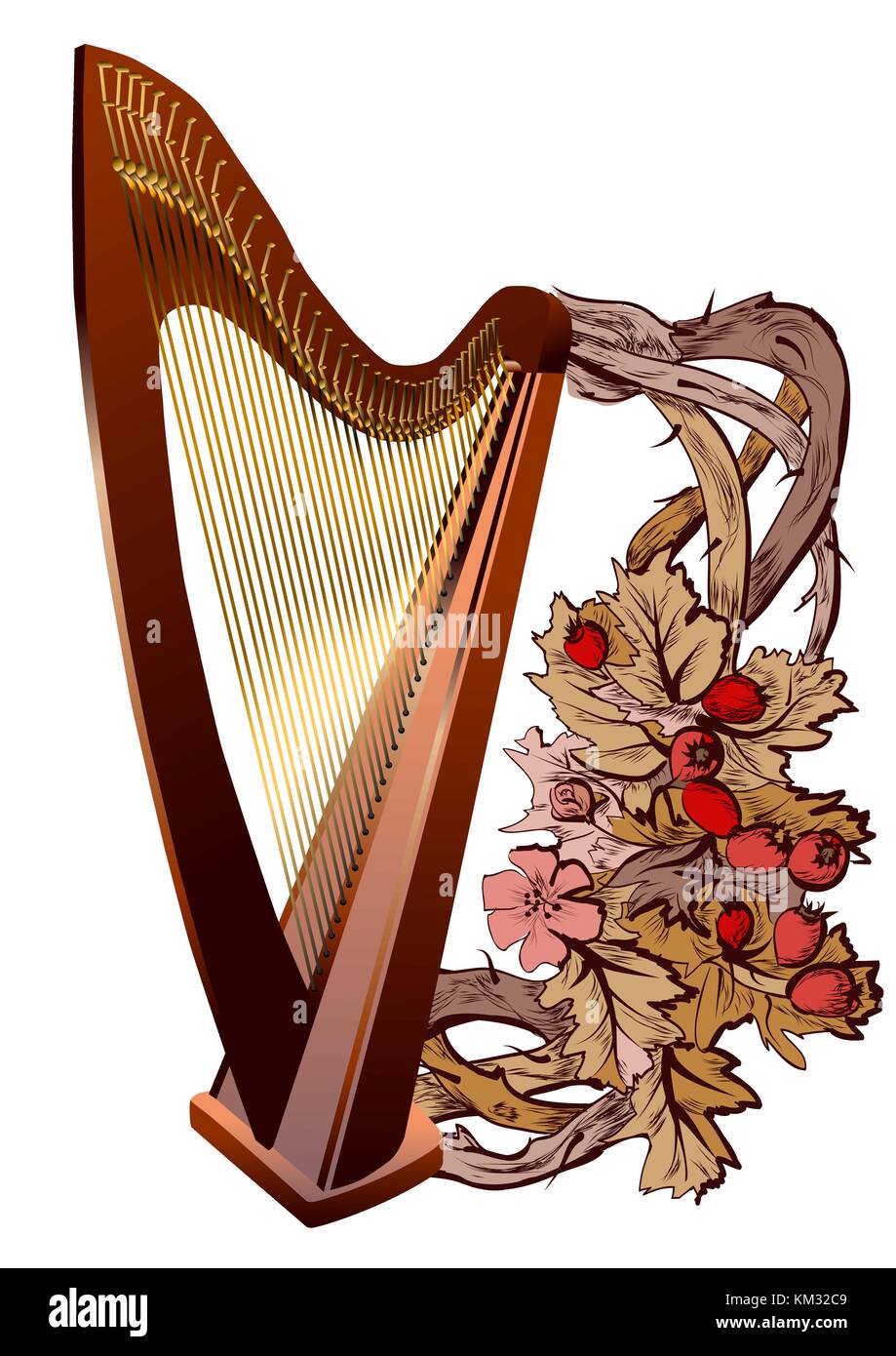 Harp with flowers isolated on white background. 10 EPS Stock Vector