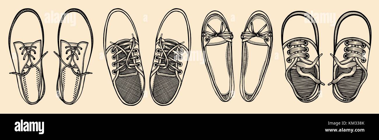 Set of Vector illustration monochrome sports sneakers isolated on beige ...