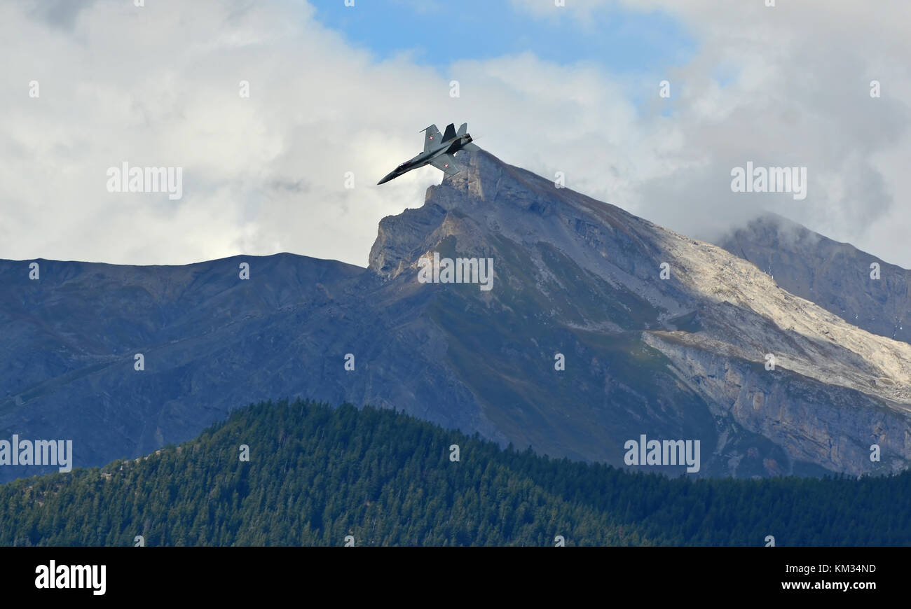 SION, SWITZERLAND - SEPTEMBER 16: F/A 18 Hornet in the Breitling Air Show:  September  16, 2017 in Sion, Switzerland Stock Photo