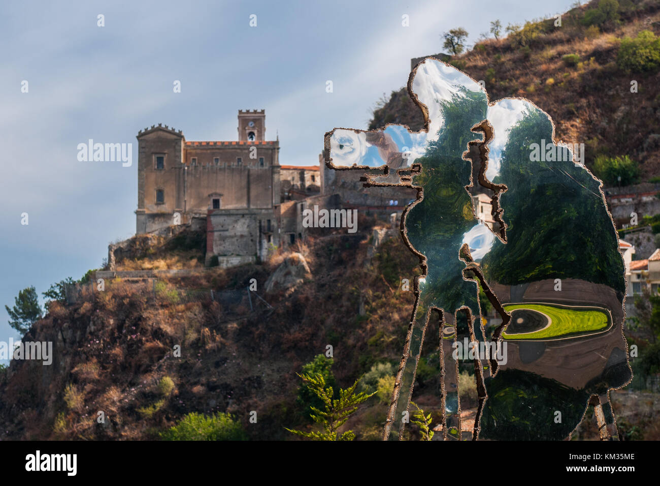 The monument dedicated to director Coppola is seen in the village of Savoca, Sicily, Italy. The town was the location for the scenes set in Corleone o Stock Photo