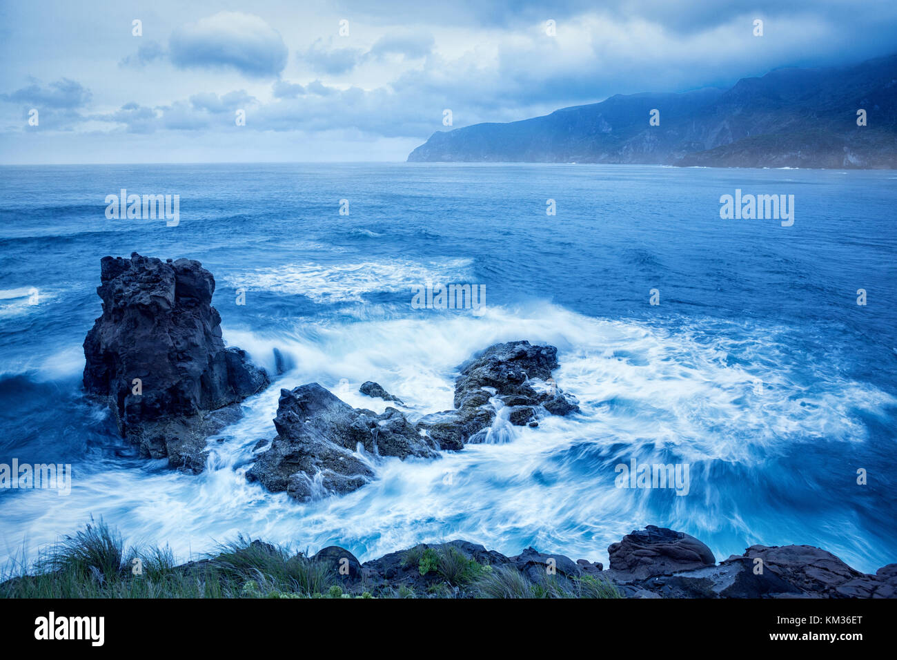 Churning blue ocean of Flores Island Azores Stock Photo