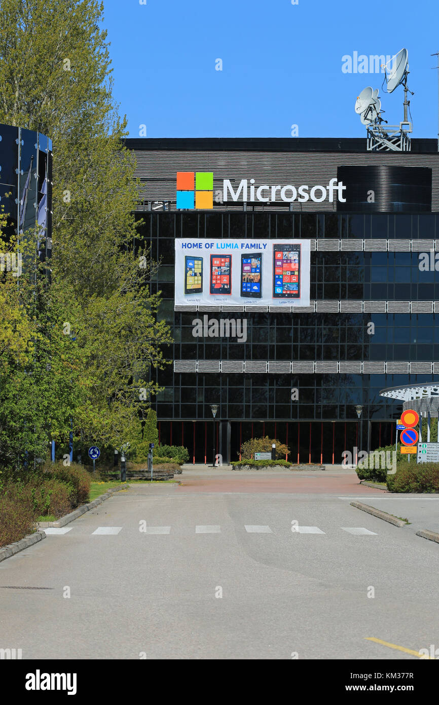 SALO, FINLAND - MAY 17, 2014: Microsoft signs replace Nokia signs at the former Nokia buildings in Salo. Former Nokia town in Finland looks to Microso Stock Photo