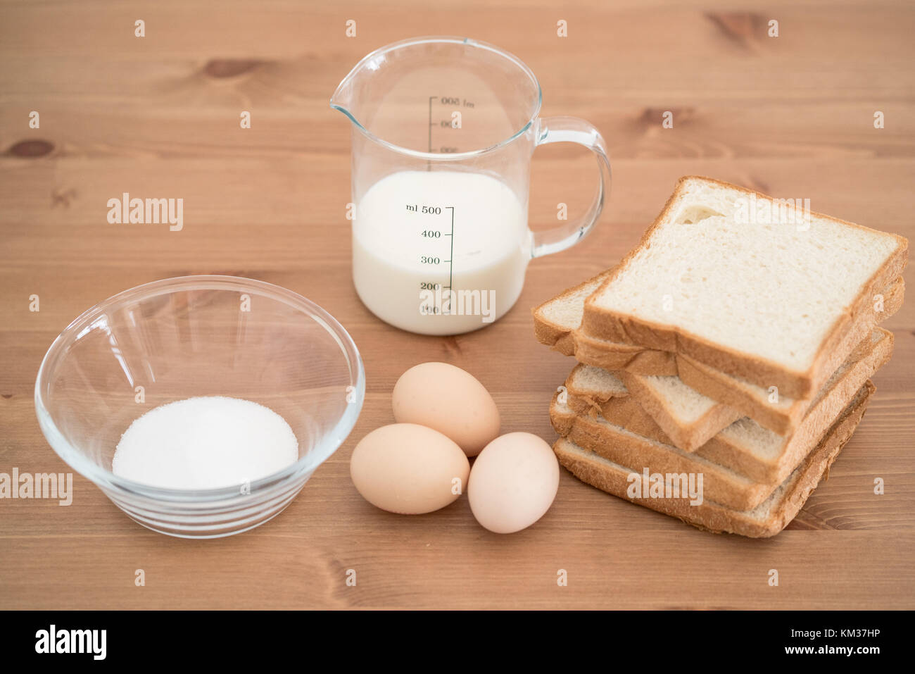 All Ingredients Of French Toast Recipe Eggs Milk Bread And Sugar On Stock Photo Alamy