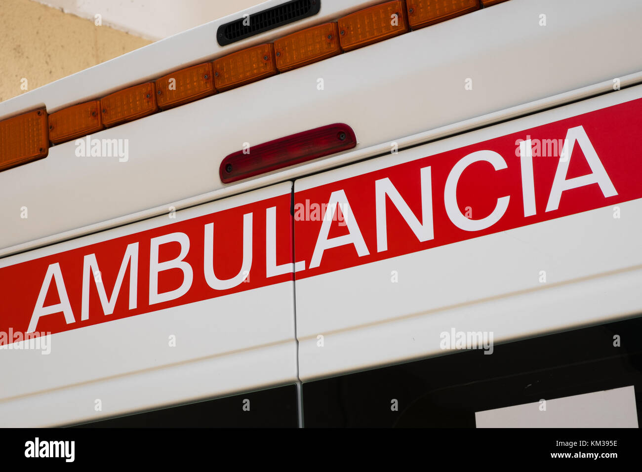 Tenerife, Spain - November 2017: Closeup of  ambulance car description (spanish: Ambulancia ). Stock Photo