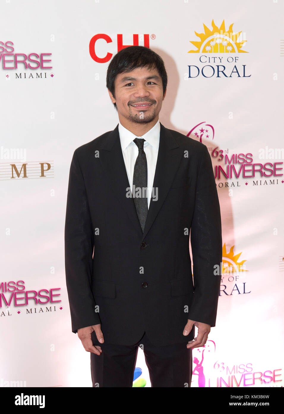 DORAL, FL - JANUARY 25:  Manny Pacquiao attends The 63rd Annual Miss Universe Pageant at Trump National Doral on January 25, 2015 in Doral, Florida.  People:  Manny Pacquiao Stock Photo