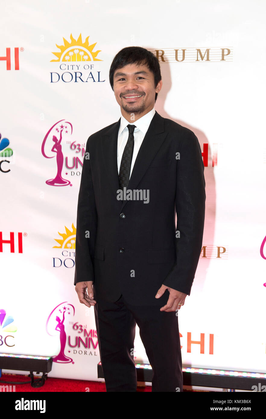 DORAL, FL - JANUARY 25:  Manny Pacquiao attends The 63rd Annual Miss Universe Pageant at Trump National Doral on January 25, 2015 in Doral, Florida.  People:  Manny Pacquiao Stock Photo