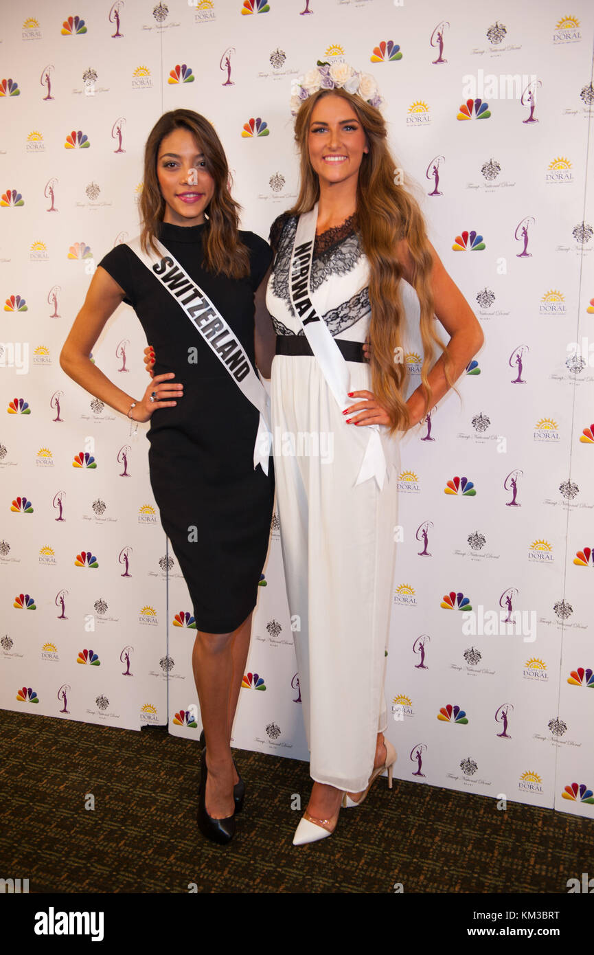 MIAMI, FL - JANUARY 20:  SWITZERLAND-ZOÉ METTHEZ, NORWAY-ELISE DALBY   attends a Miss Universe press junkett, at Crown Plaza Hotel, on January 20, 2015 in Miami, Florida.  People:  SWITZERLAND-ZOÉ METTHEZ, NORWAY-ELISE DALBY Stock Photo