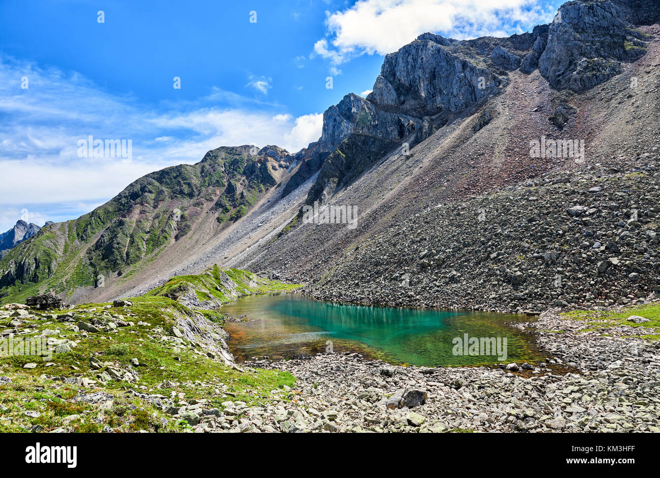 Beautiful little lake with an emerald shade of water in depths. Eastern Sayan. Southern Siberia. Russia Stock Photo