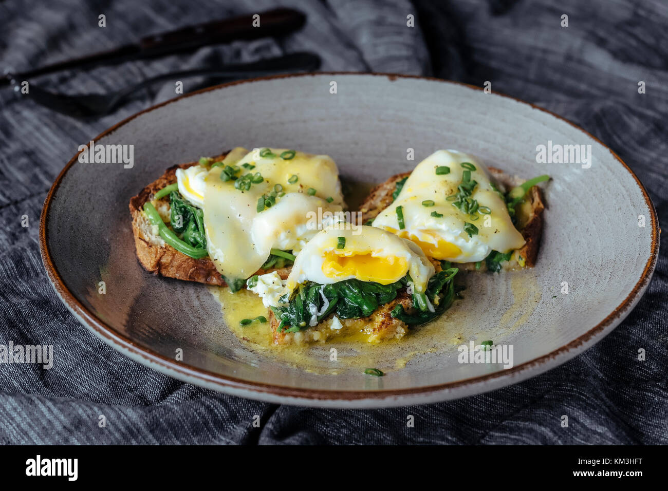 Eggs benedicts on toast, close up view Stock Photo Alamy