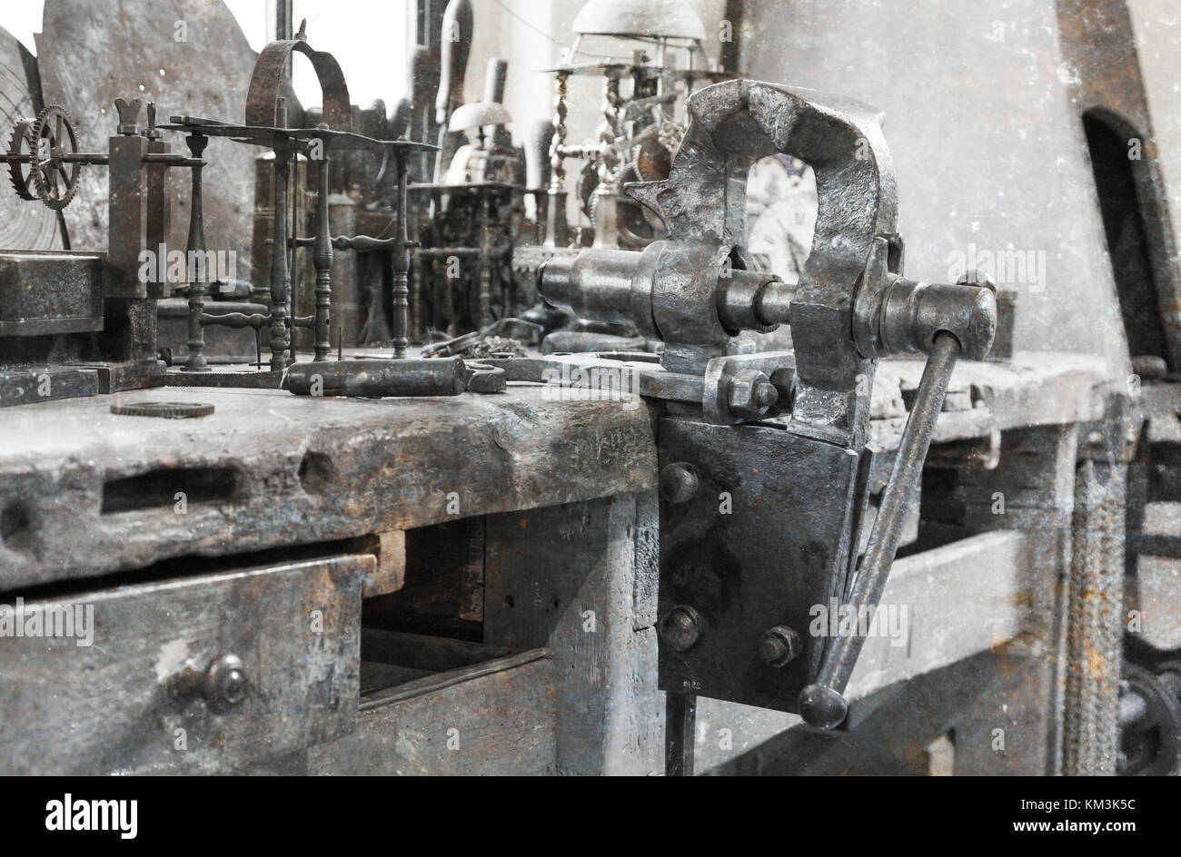 Old heavy duty bench vise in a Stock Photo Alamy