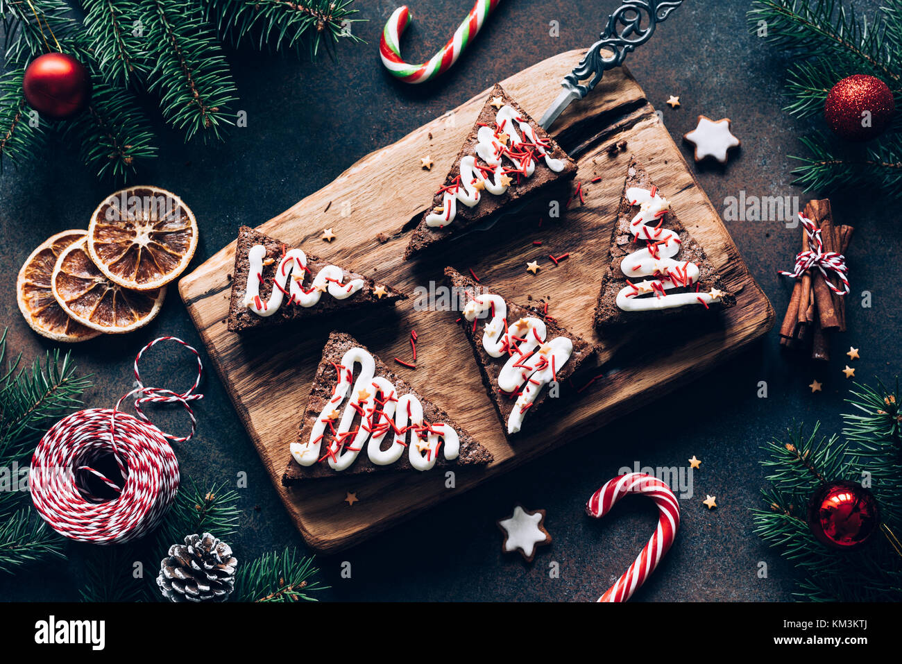 Chocolate Brownies With Candy Canes And Christmas Decorations On