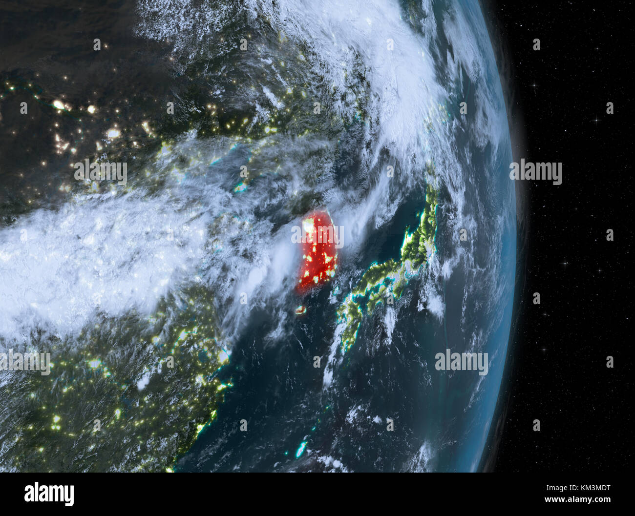 South Korea from orbit of planet Earth with clouds at night with highly ...