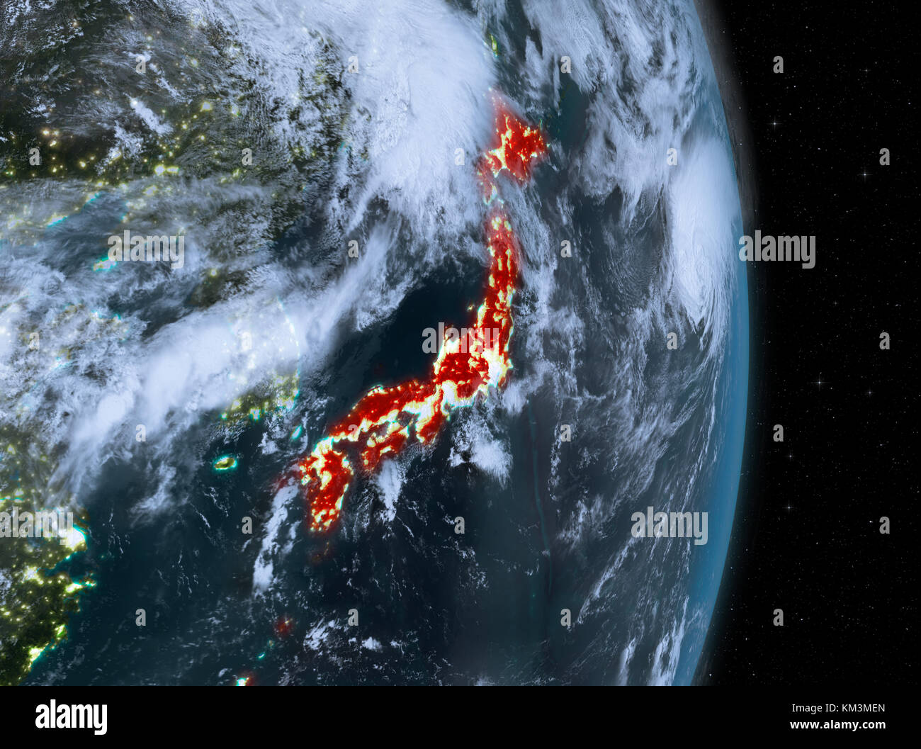 Japan from orbit of planet Earth with clouds at night with highly ...