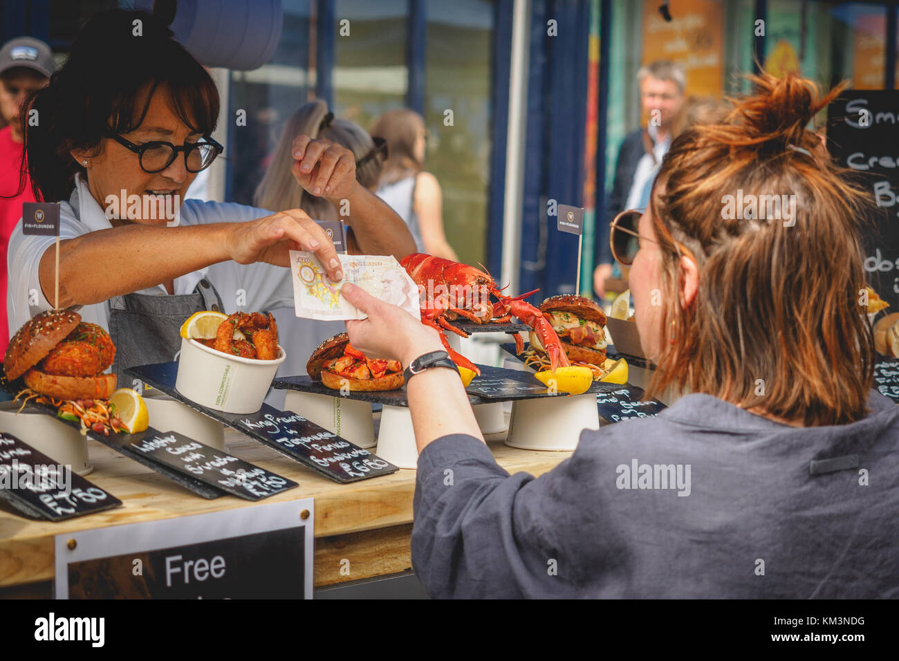 Street food stall in Broadway Market in Hackney. East London (UK), August 2017. Landscape format. Stock Photo