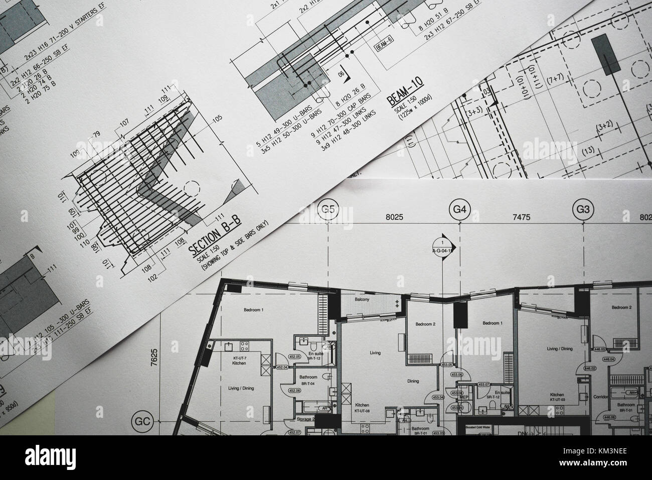Detail view of architectural and structural construction drawings. Landscape format. Stock Photo