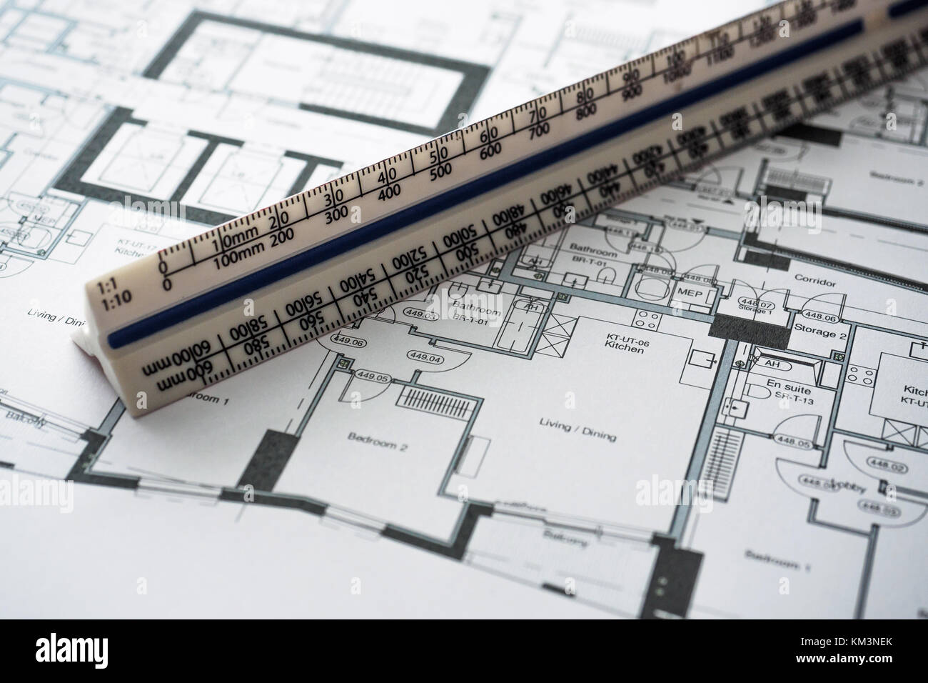 Detail view of architectural and structural construction drawings with designer tools. Landscape format. Stock Photo