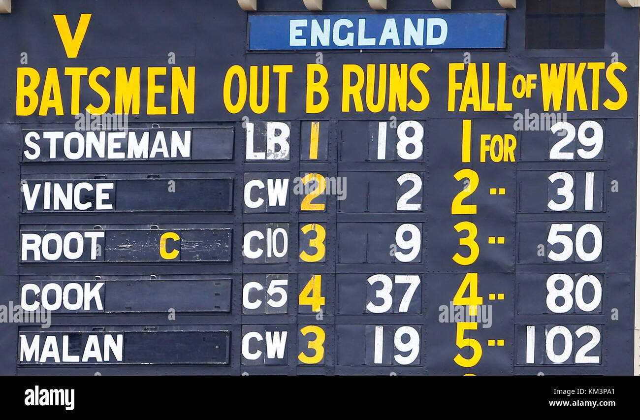 General view of the scoreboard depicting England's batting collapse ...