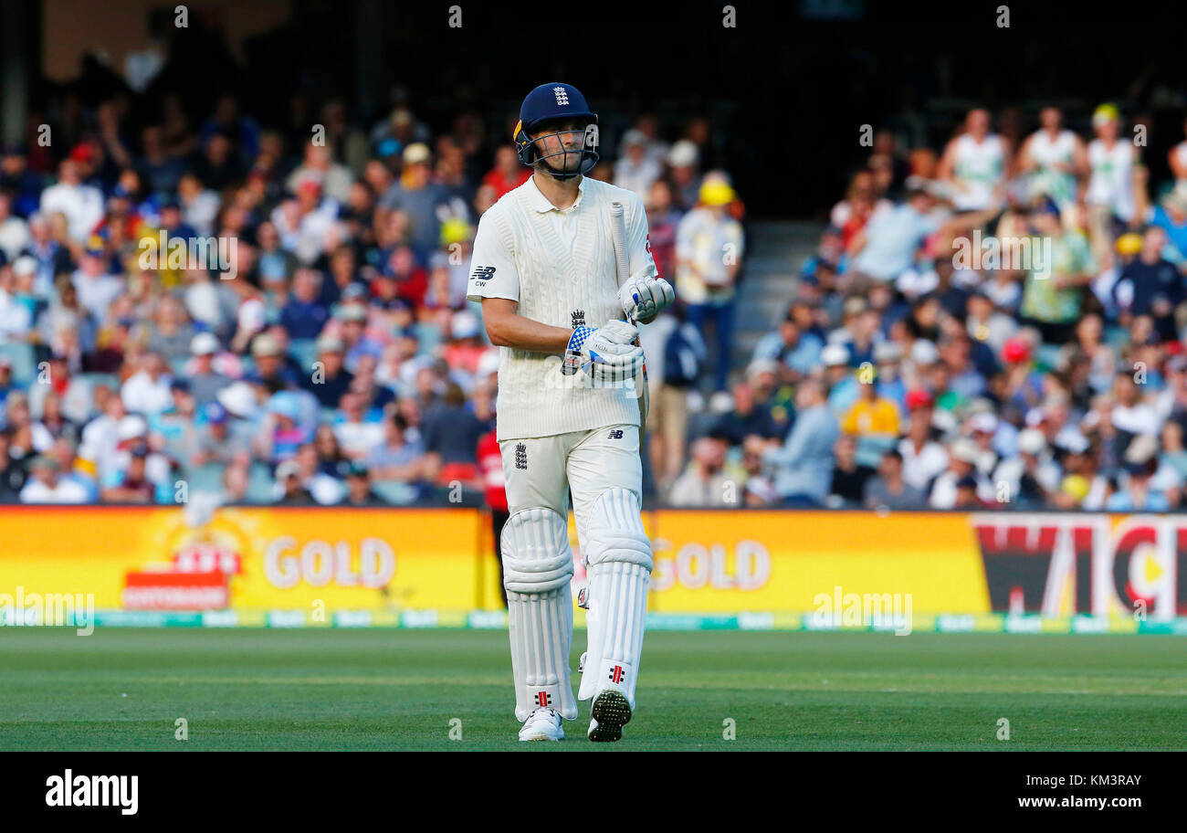 England's Chris Woakes walks off after being dismissed during day three of the Ashes Test match at the Adelaide Oval, Adelaide. Stock Photo