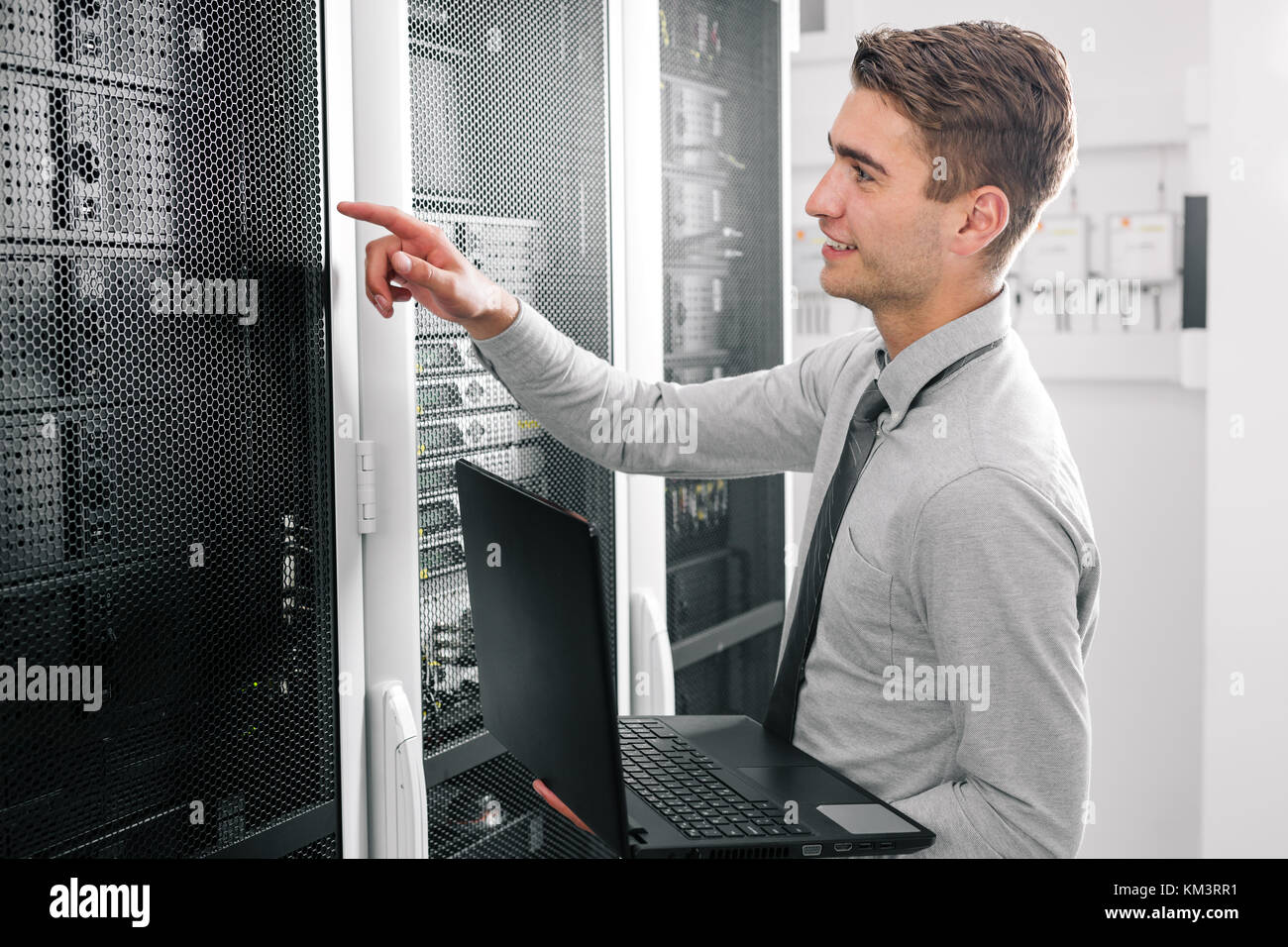 Server standing. Holding the Laptop man in as suspended State.