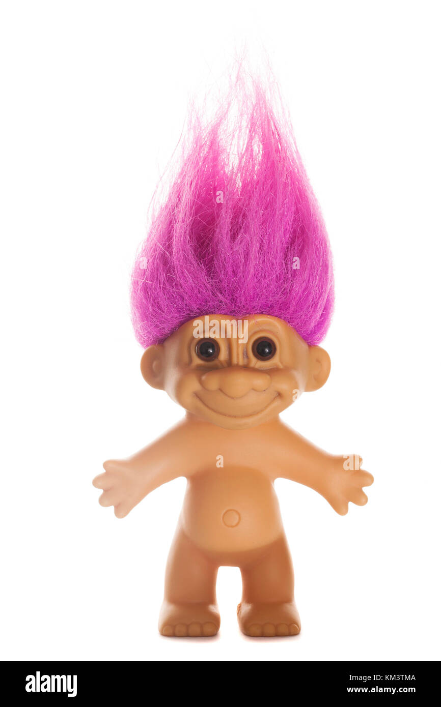 LONDON, UK - DECEMBER 4th 2017: An original troll plastic toy figure with bright coloured hair. First produced in Denmark by Thomas Dam Stock Photo