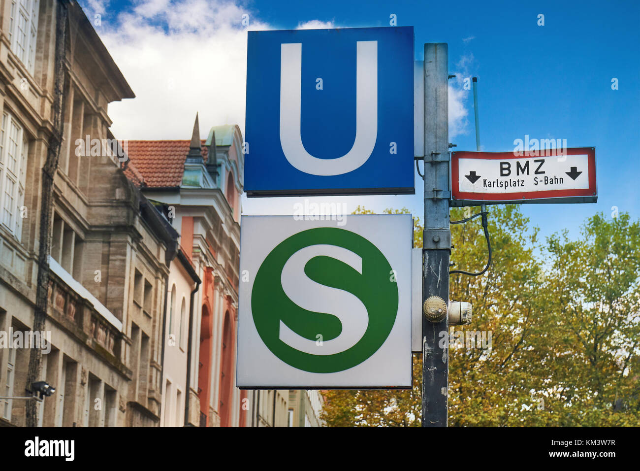 Public transport sign of the S-Bahnd and U-Bahn. The entrance to the underground station at Karlsplatz (Stachus) in Munich, Germany Stock Photo