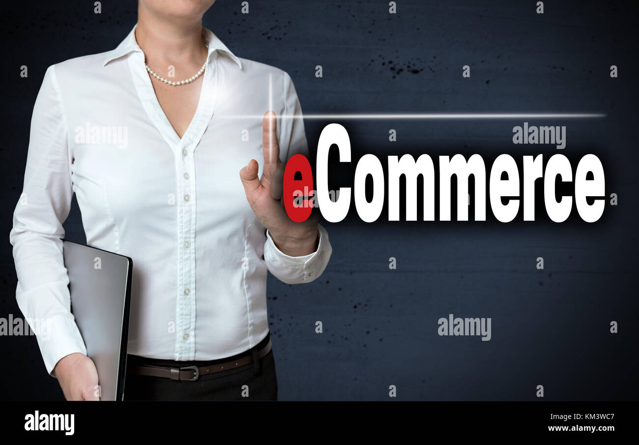 Ecommerce touchscreen is shown by businesswoman. Stock Photo