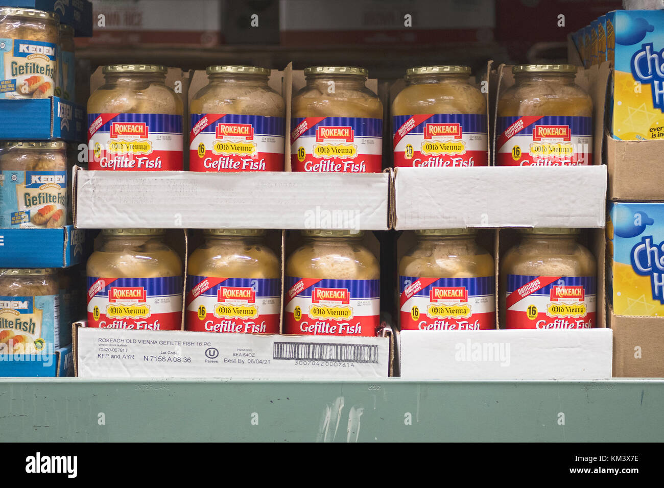 Large jars of Rokeach Gefilte Fish for sale at BJ's Wholesale Club in Whitestone, Queens, New York. Stock Photo
