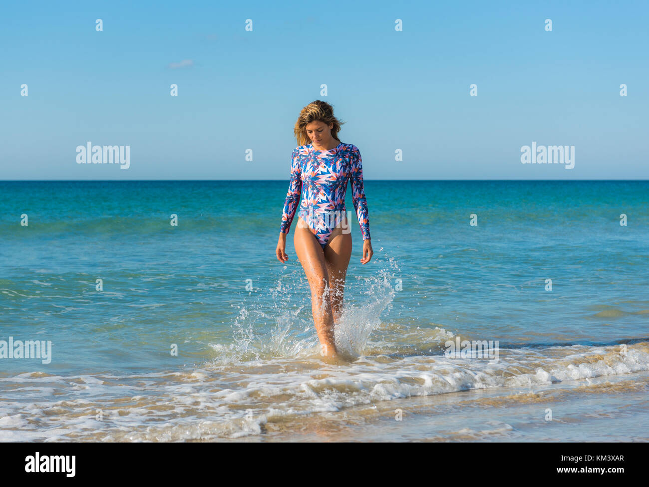 Moea swimwear bikini model. Tarifa, Cadiz, Costa de la Luz, Andalusia, Southern Spain. Stock Photo