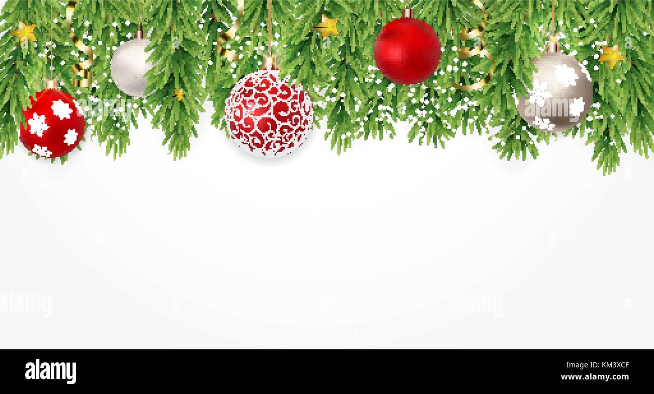 Fir Branches with Snow and Balls. Merry Christmas and New Year Winter ...