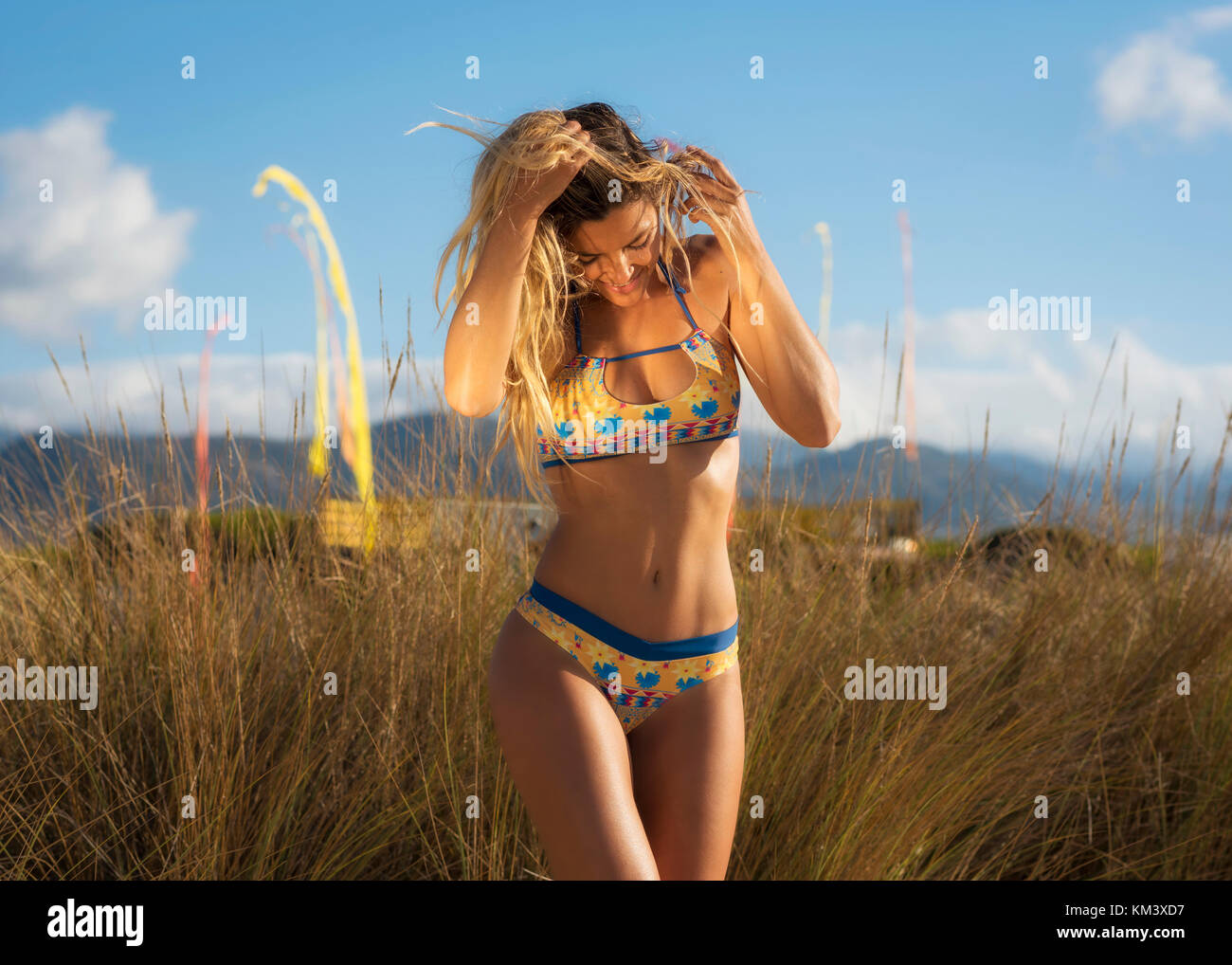 Moea swimwear bikini model. Tarifa, Cadiz, Costa de la Luz, Andalusia, Southern Spain. Stock Photo