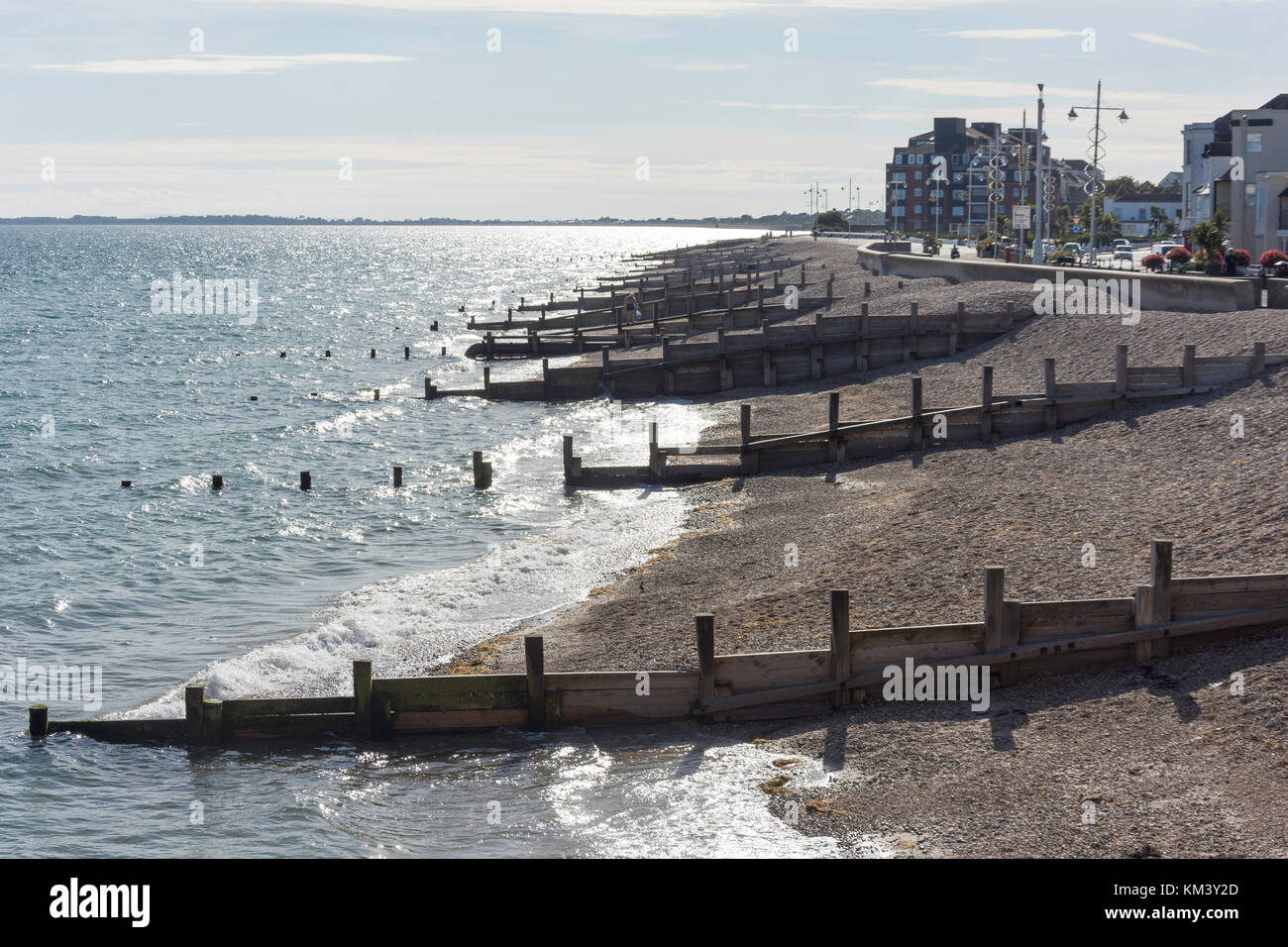 Groynes on beach, Bognor Regis, West Sussex, England, United Kingdom Stock Photo