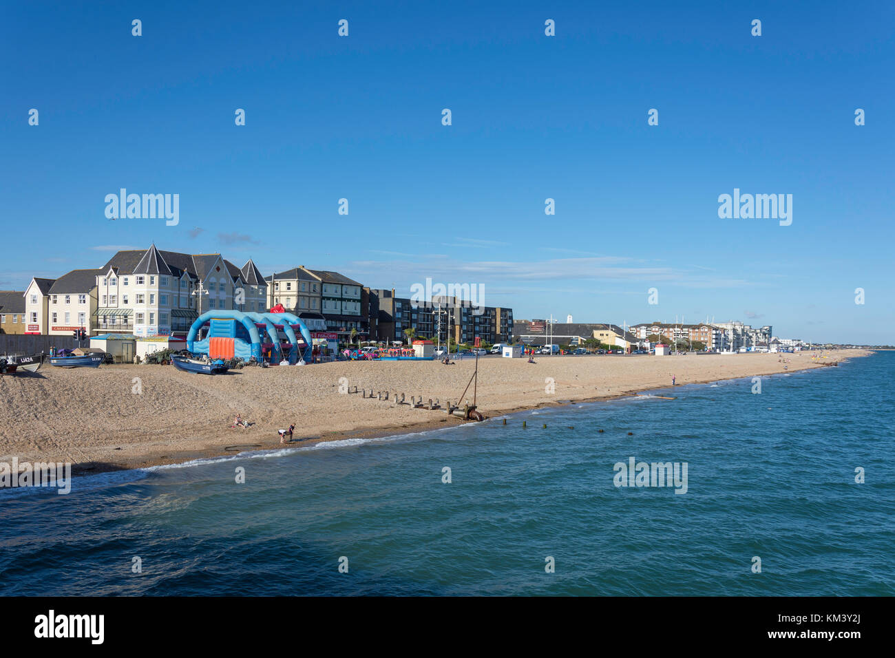 Beach and promenade view from pier, Bognor Regis, West Sussex, England, United Kingdom Stock Photo