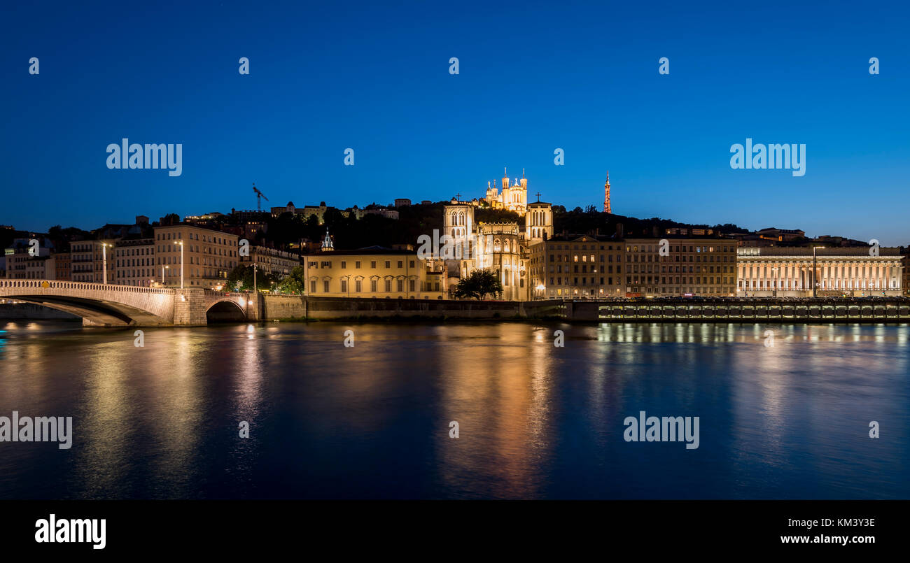 Night View of Old Lyon, France. On top we can see the Basilic of Fourviere with just under it Saint-Jean Cathedral Stock Photo