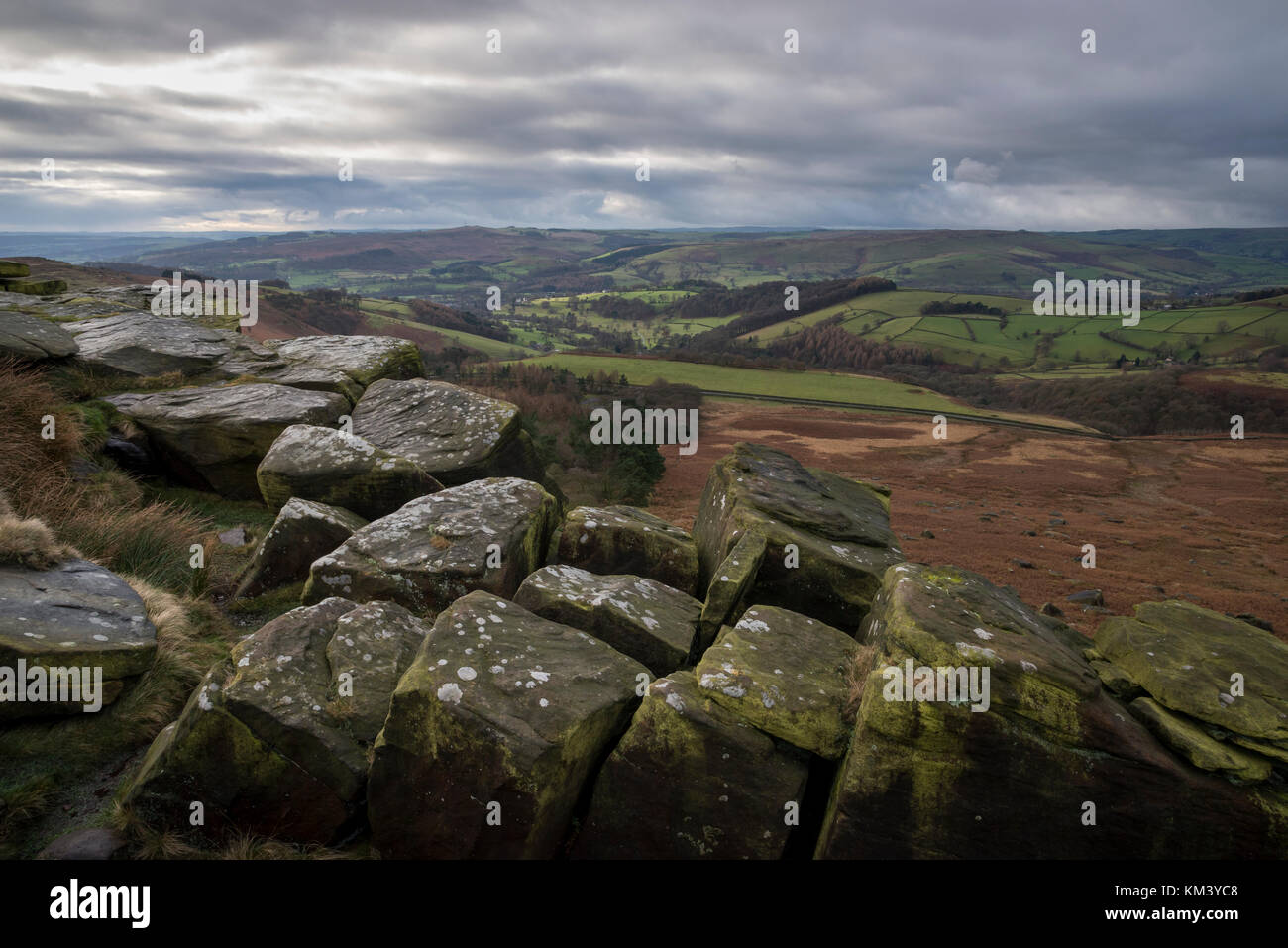 Stanage Edge Rocks Rugged scenery of gritstone rocks on Stanage edge in the Peak District ...