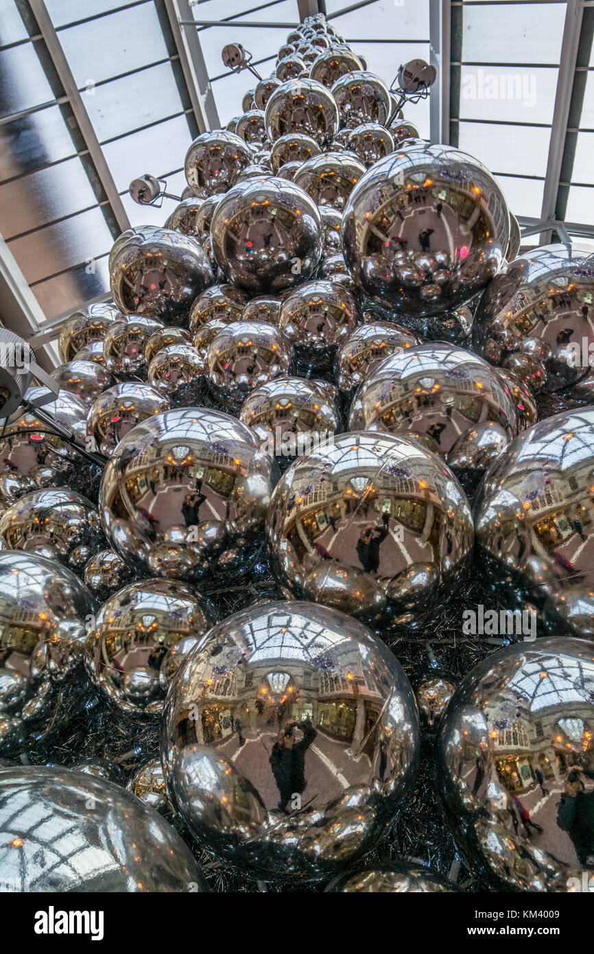 Bauble Christmas tree on display at the Grosvenor Shopping Centre, Chester, UK. Stock Photo