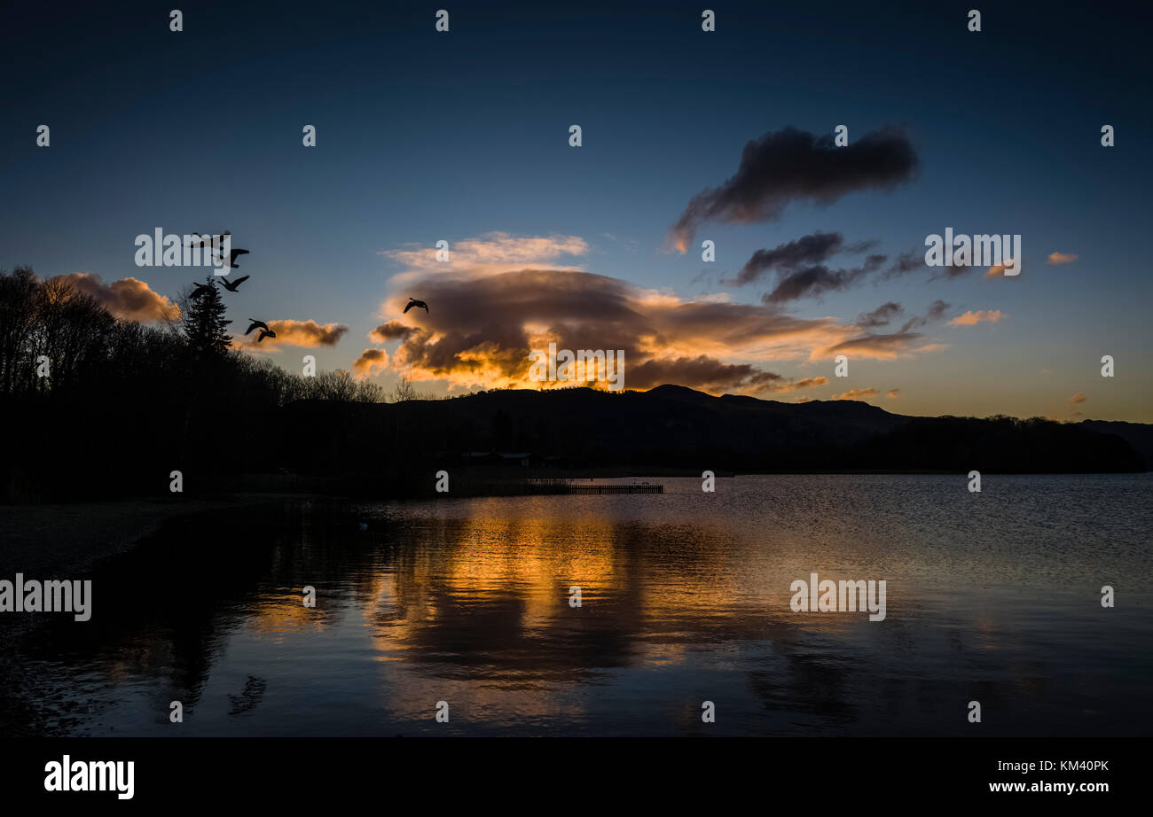 Sunrise over Derwentwater in the English Lake District close to the town of Keswick. Stock Photo