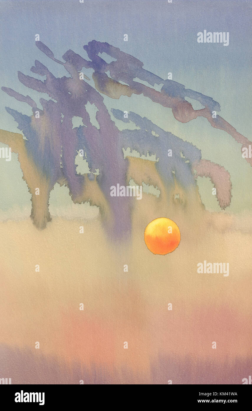 evening sun watercolor background Stock Photo - Alamy