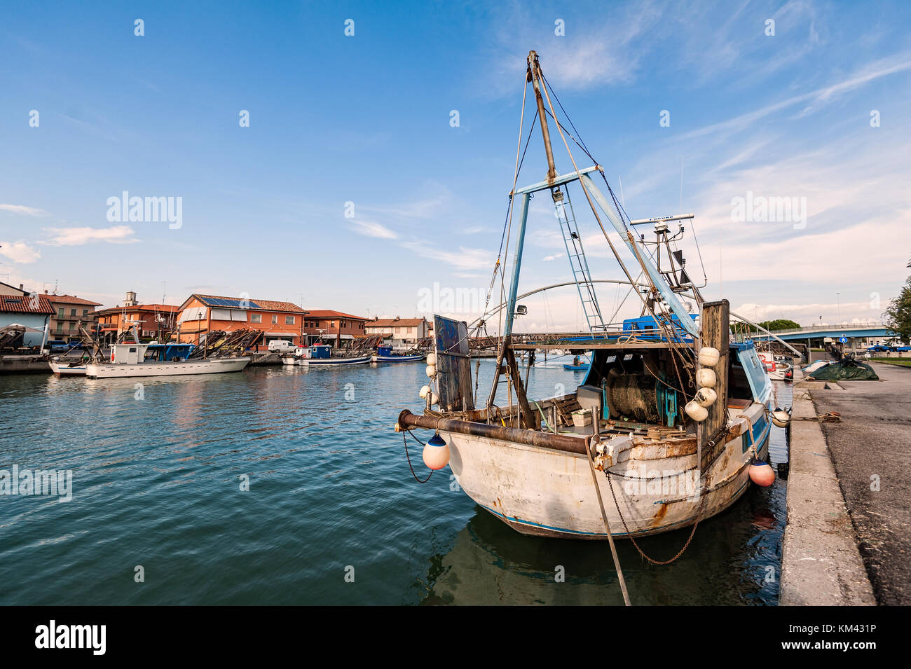Fishing boats moored in the harbor. Stock Photo