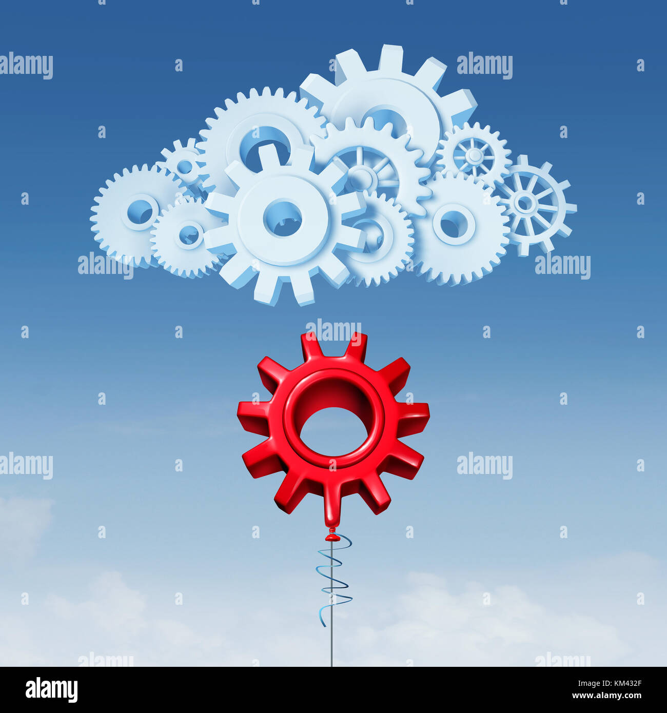 Join Cloud Computing data server services technology concept as a red balloon shaped as a gear joining a network  made of mechanical cogs. Stock Photo