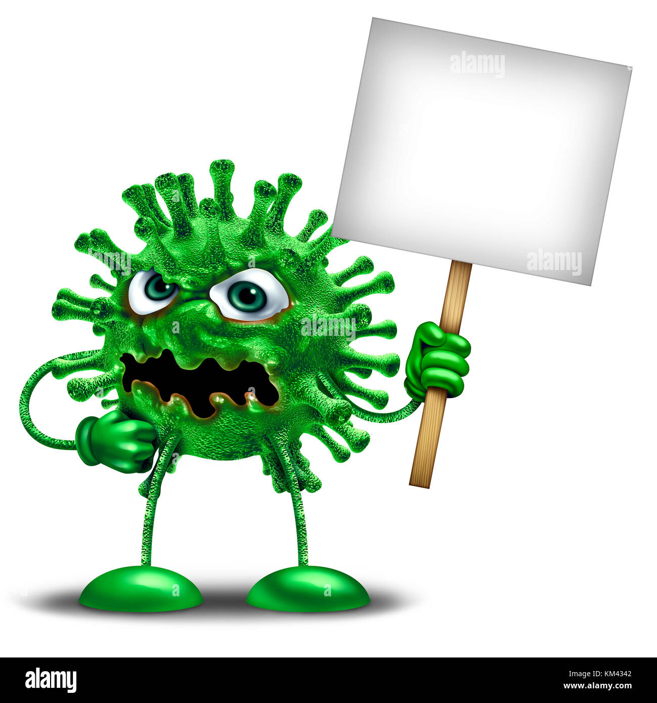 Disease character with blank sign as a virus holding a billboard as a green monster health medicine or medical pathology symbol. Stock Photo